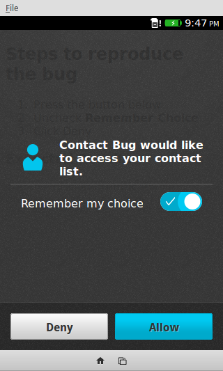 A prompt with the options &ldquo;deny&rdquo; or &ldquo;allow&rdquo;