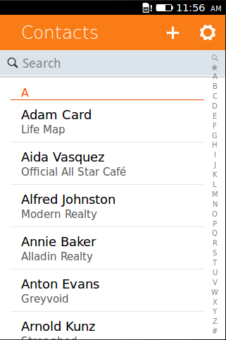 A screen shot of the Contacts app. The important thing to notice is that the header is the typical Firefox OS orange color