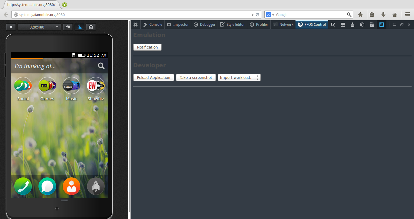 A screen shot of the Nightly build of firefox with what looks like an emulator to the left and developer tools to the right